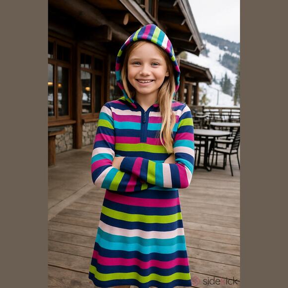 J. Khaki Girls Dress Size Small Striped Hoodie Sweater Navy Blue Lime Pink NEW - Picture 1 of 6